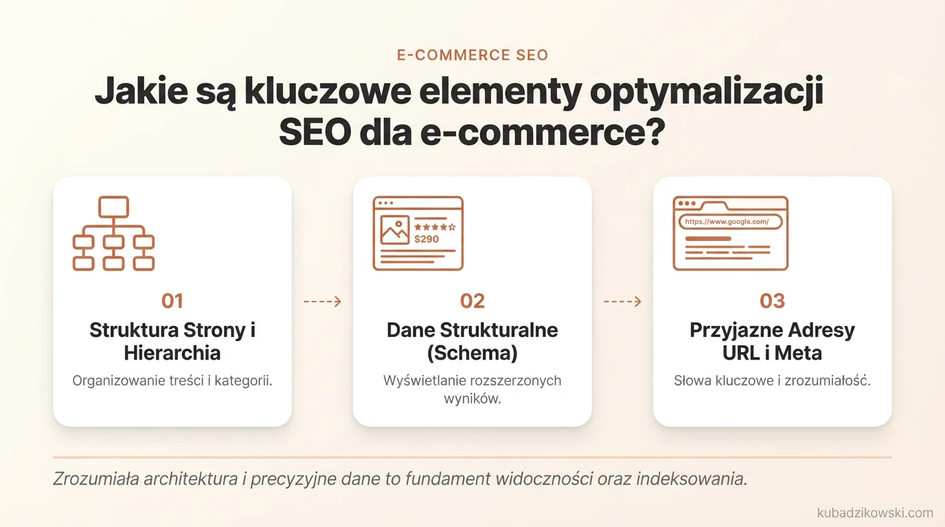 Infografika: Kluczowe elementy SEO dla e-commerce, w tym struktura strony i dane strukturalne.