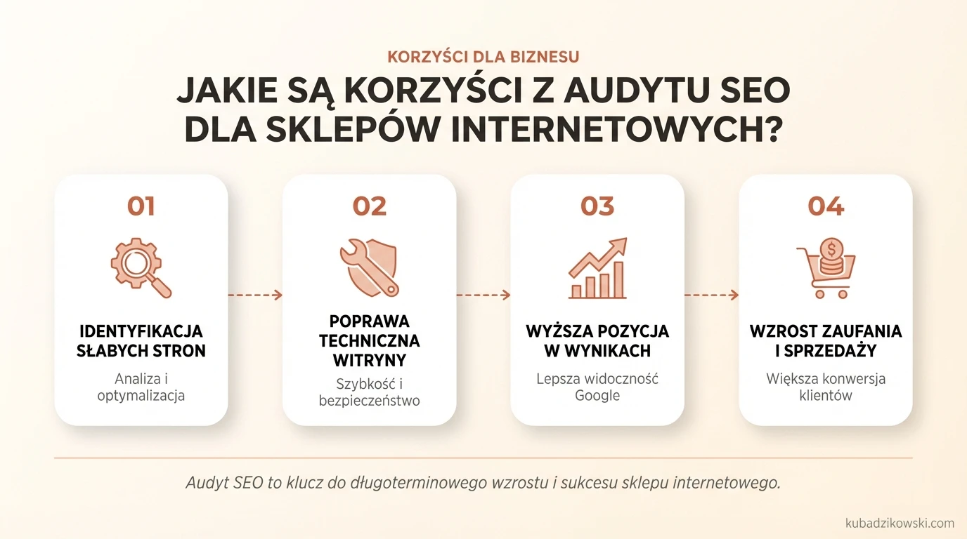 Infografika: korzyści z audytu SEO dla sklepów internetowych, w tym: lepsza widoczność, wzrost ruchu i sprzedaż.