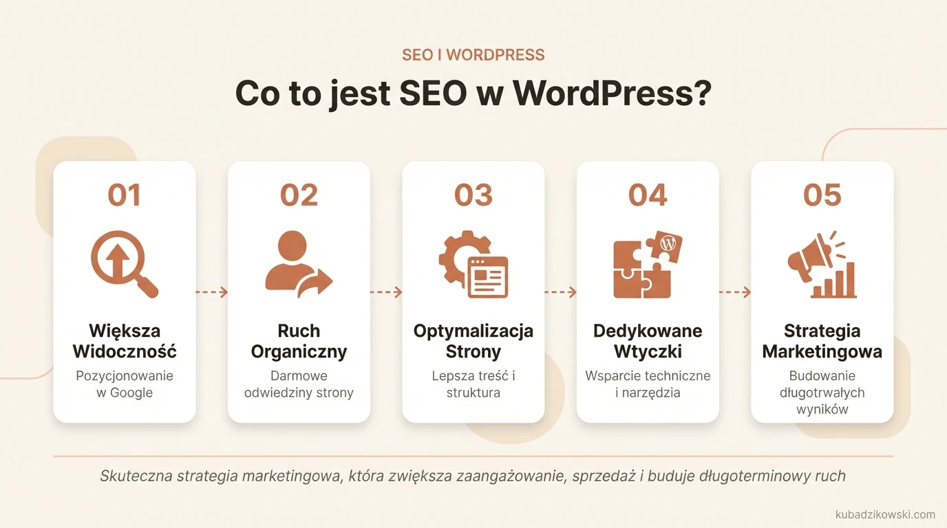 Infografika: Zasady SEO dla WordPressa, zwiększające widoczność strony w Google poprzez optymalizację treści i struktury.