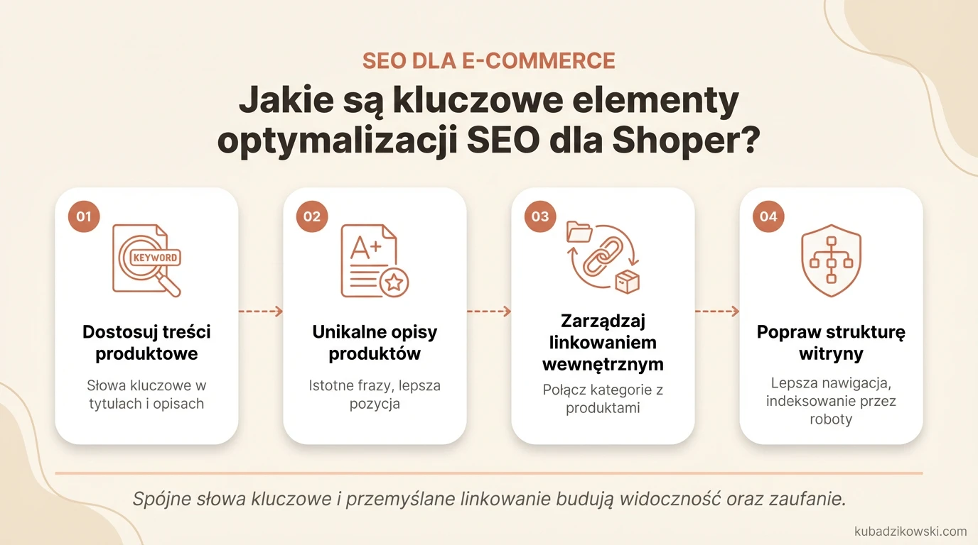 Wizualizacja kluczowych elementów optymalizacji SEO dla platformy Shoper, skupiająca się na stronach produktowych.