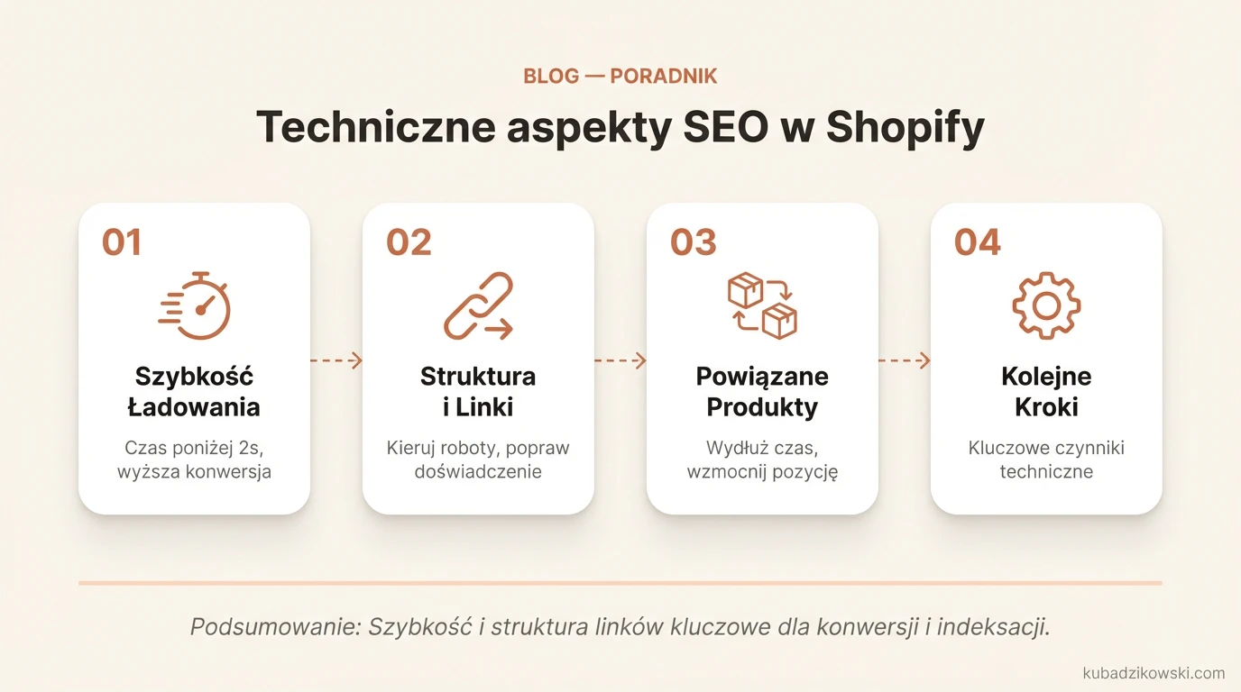 Infografika: Optymalizacja techniczna SEO dla Shopify, kluczowa dla widoczności i konwersji sklepu e-commerce.