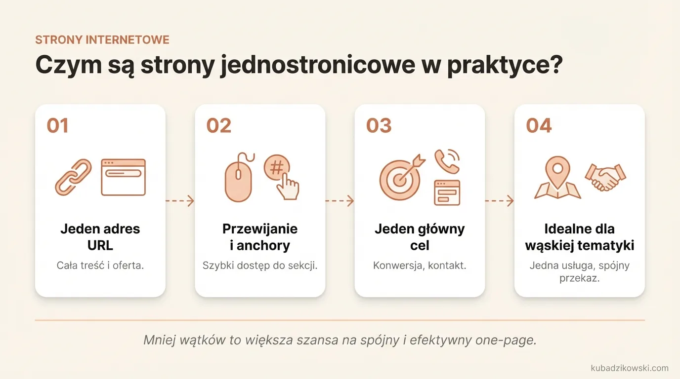 Infografika: strona jednostronicowa z ofertą, FAQ i kontaktem na jednym URL, nawigowana przewijaniem.