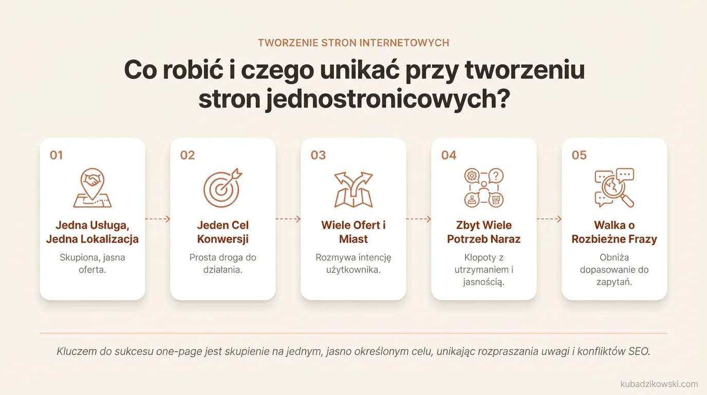 Infografika wyjaśnia, kiedy warto tworzyć strony jednostronicowe: dla jednej usługi, celu konwersji i lokalizacji.