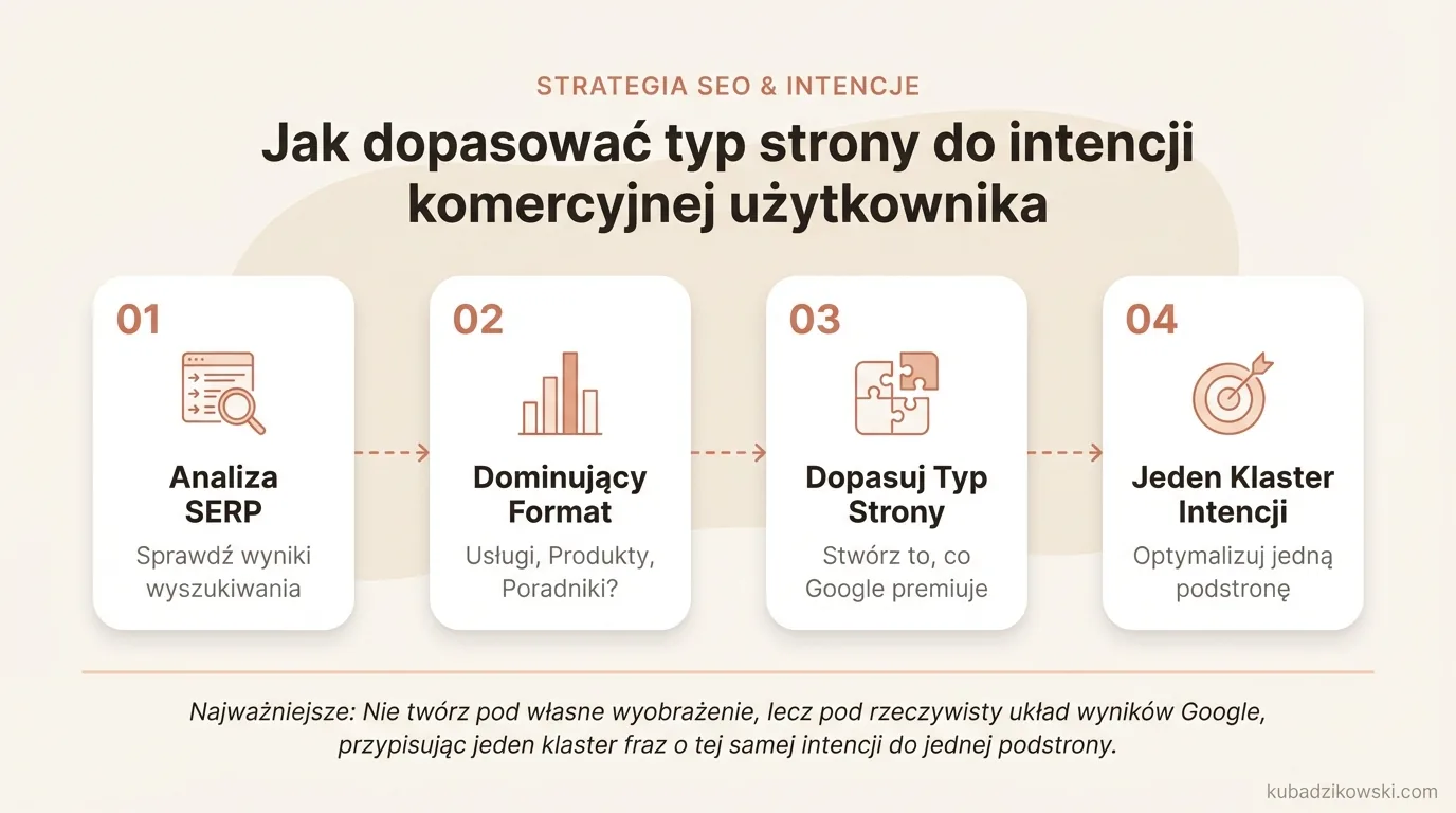 Infografika: jak dopasować typ strony (usługowa, produktowa, poradnik) do wyników wyszukiwania Google i intencji użytkownika.