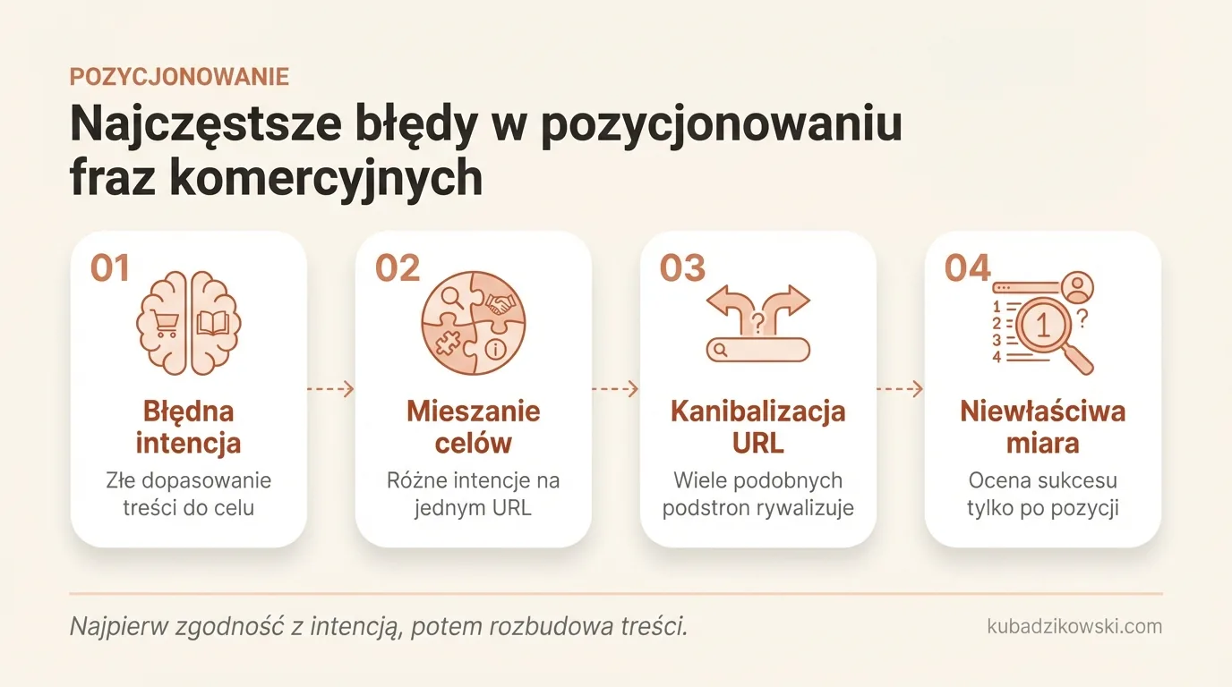 Wizualizacja typowych błędów w SEO dla fraz komercyjnych: niedopasowanie strony, łączenie celów, błędna ocena sukcesu.