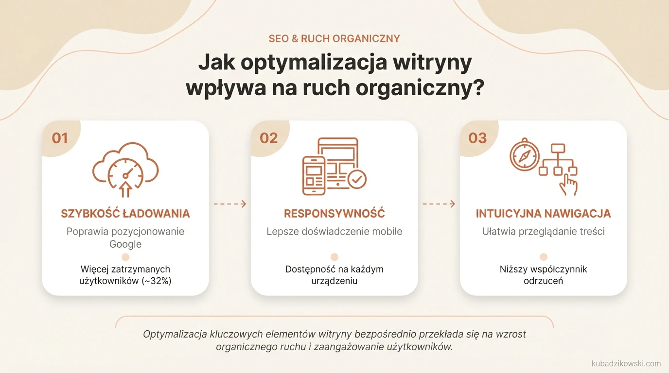 Infografika: Wpływ optymalizacji strony na ruch organiczny. Prezentuje szybkość, responsywność, nawigację i UX.