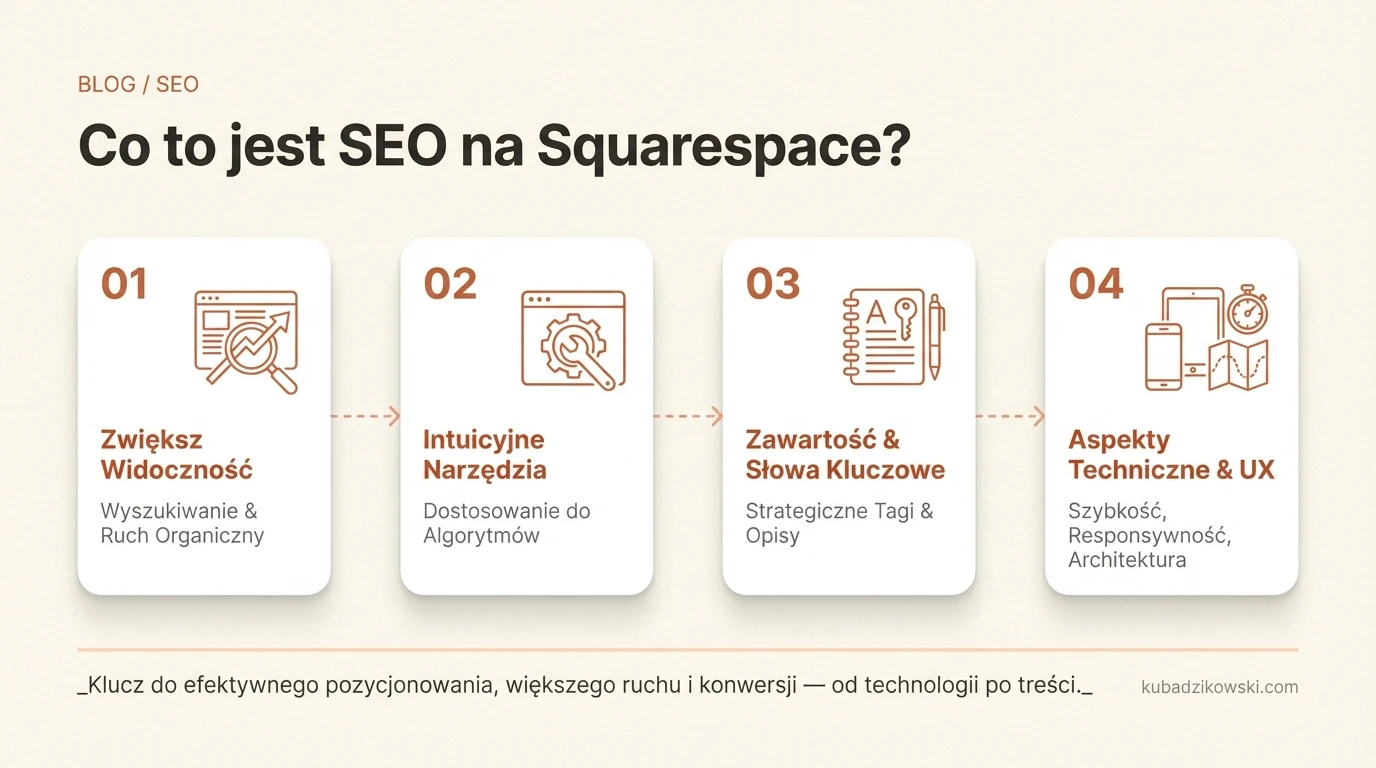Infografika: Zwiększanie widoczności strony Squarespace w wyszukiwarkach poprzez strategię SEO.