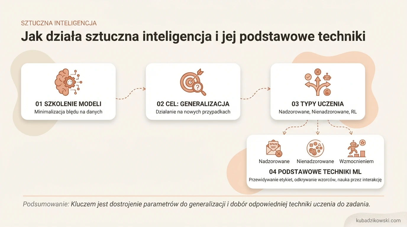 Diagram: podstawy działania AI. Przedstawia uczenie maszynowe, trening modeli, przewidywanie, klasyfikację, podejmowanie decyzji.