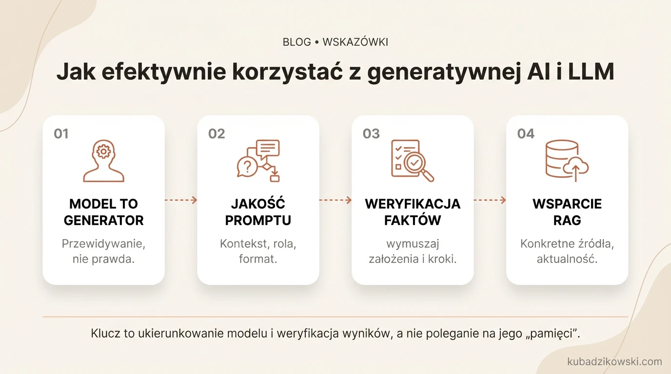 Wskazówki do efektywnej pracy z AI i LLM: traktuj model jako generator kontekstu, nie źródło prawdy.