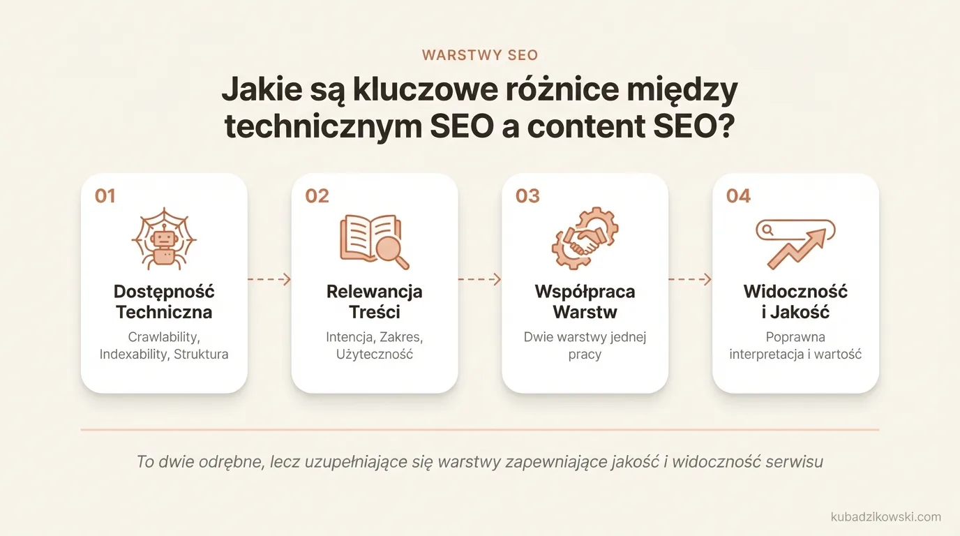 Diagram przedstawiający kluczowe różnice między Technicznym SEO (dostępność dla robotów) a Content SEO (trafność treści dla użytkownika).