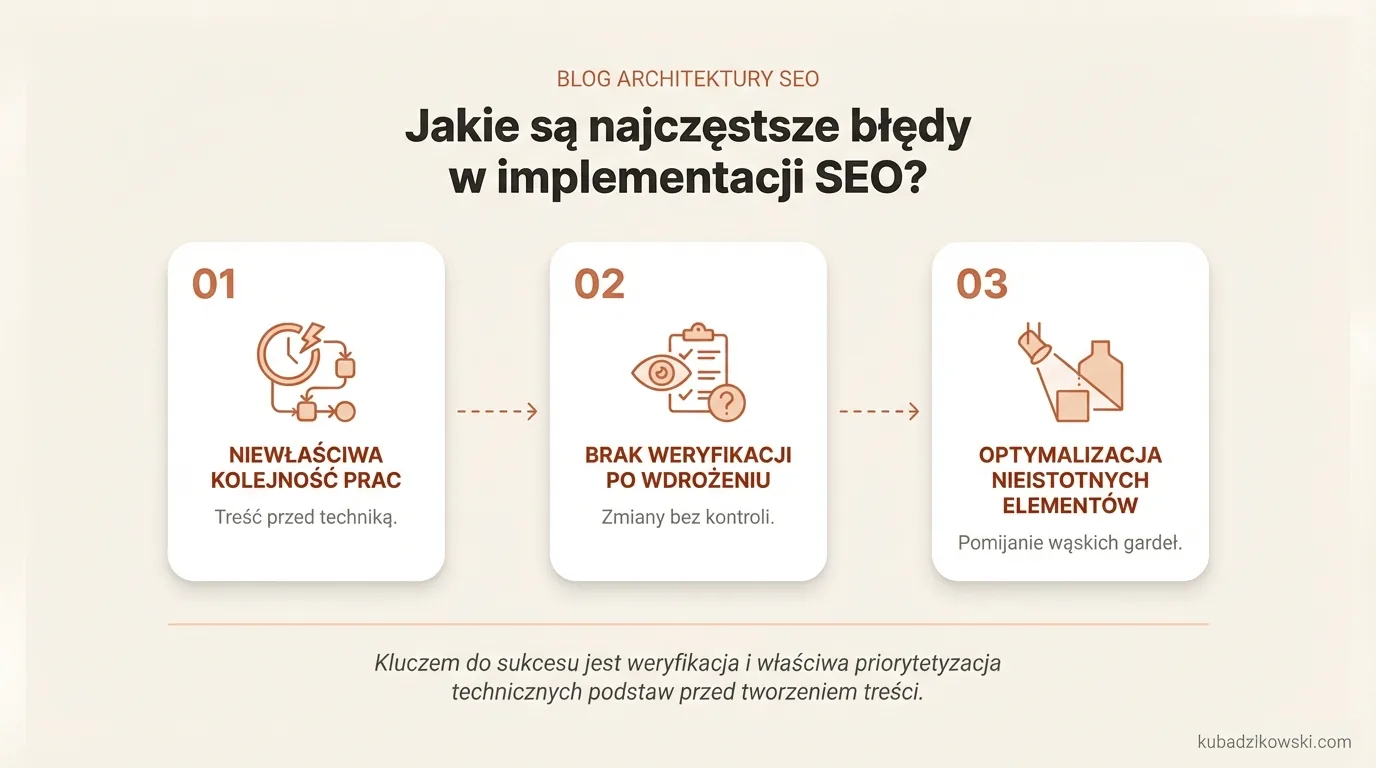 Błędy w implementacji SEO: niewłaściwa kolejność, brak weryfikacji, optymalizacja niewłaściwych elementów i problemy z indeksacją.