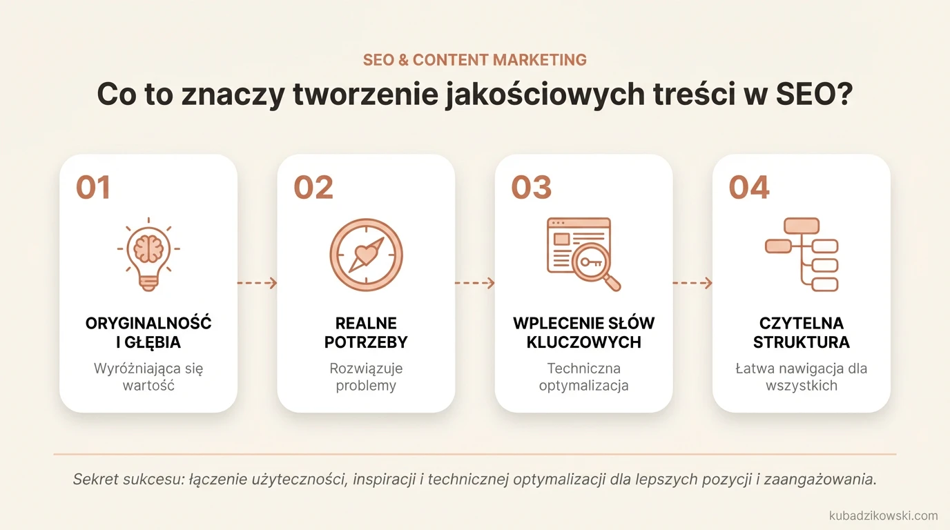 Infografika: łączenie treści z SEO dla jakościowych materiałów. Wskazuje oryginalność, głębię i potrzeby odbiorców.