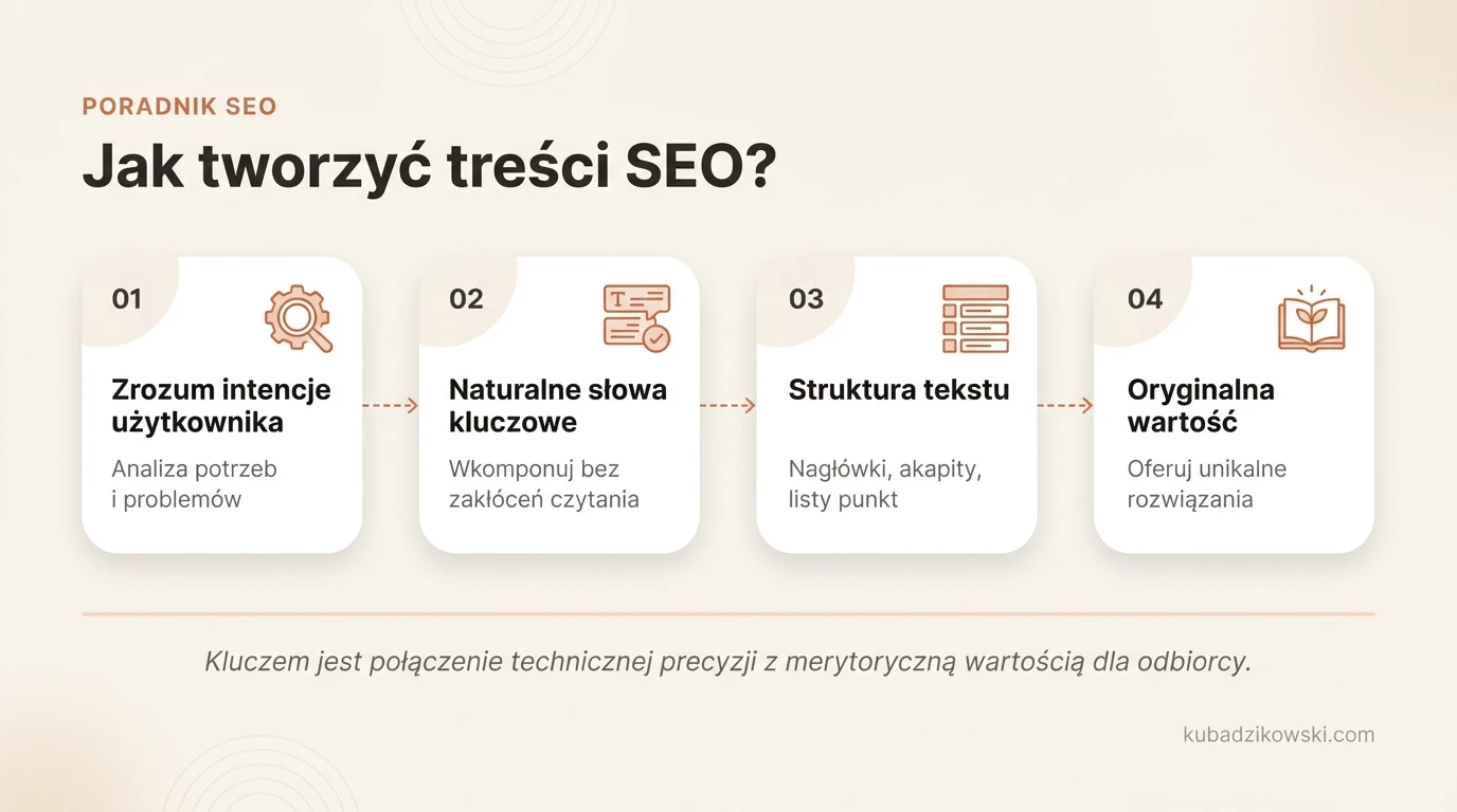 Infografika przedstawia proces tworzenia angażujących treści SEO, łączących precyzję techniczną z wartością merytoryczną.