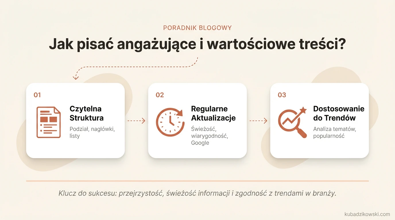 Infografika: wskazówki do tworzenia angażujących, czytelnych treści z użyciem nagłówków, list i krótkich akapitów.
