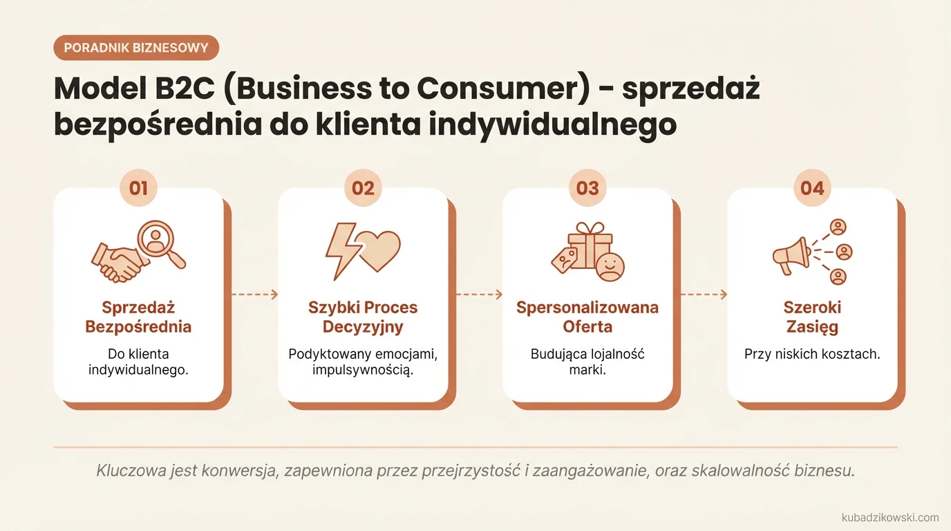 Infografika wyjaśnia model B2C: sprzedaż bezpośrednia firmy do klienta indywidualnego, często oparta na impulsie i emocjach.