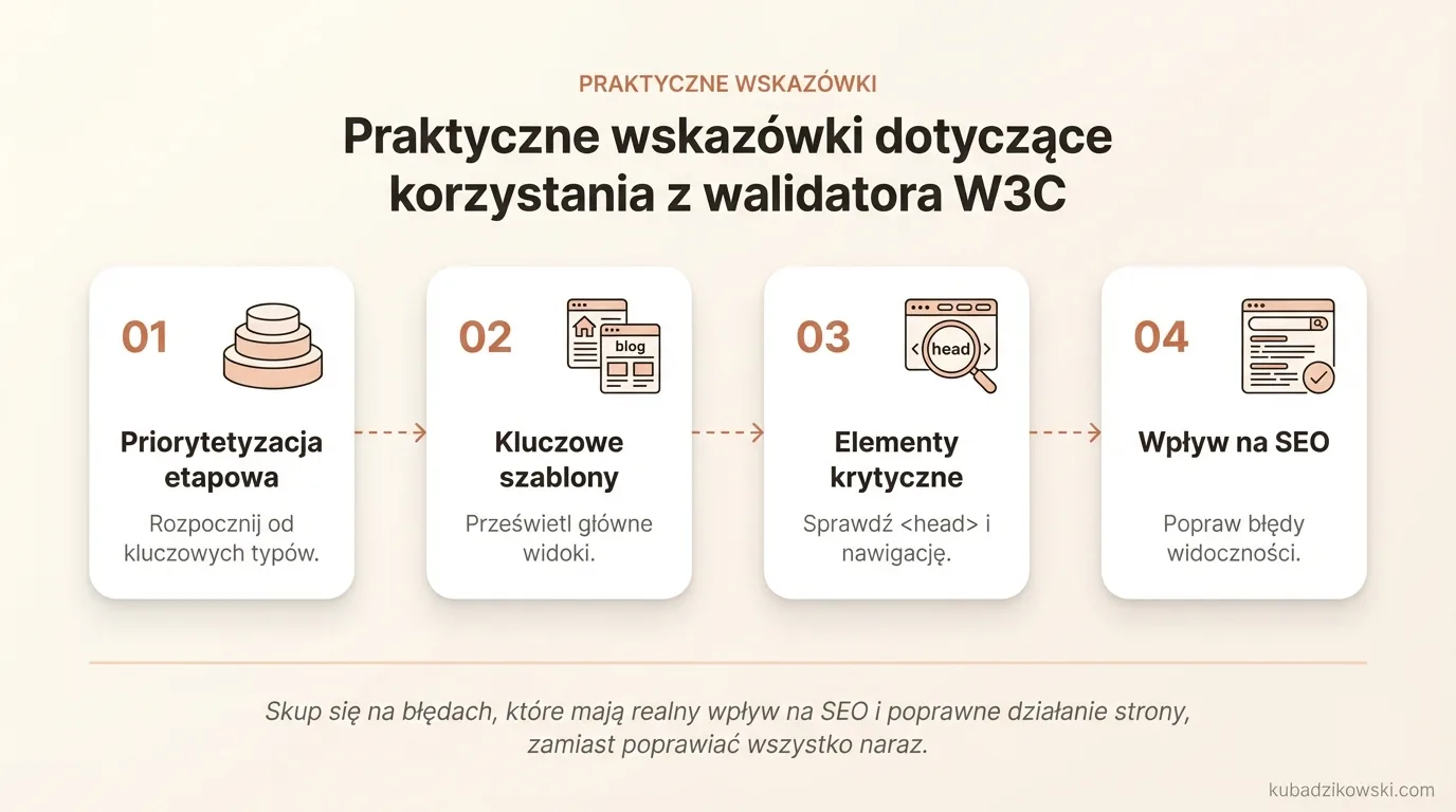 Wskazówki do walidatora W3C: Korzystaj etapowo, priorytetyzuj błędy i kluczowe strony (np. główna, kategorie).