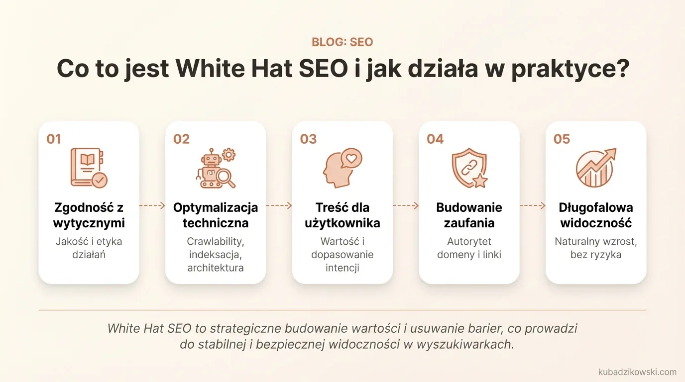 Infografika: White Hat SEO - co to jest (zgodność z wytycznymi, jakość, użyteczność) i jak działa (crawlability, indeksacja).