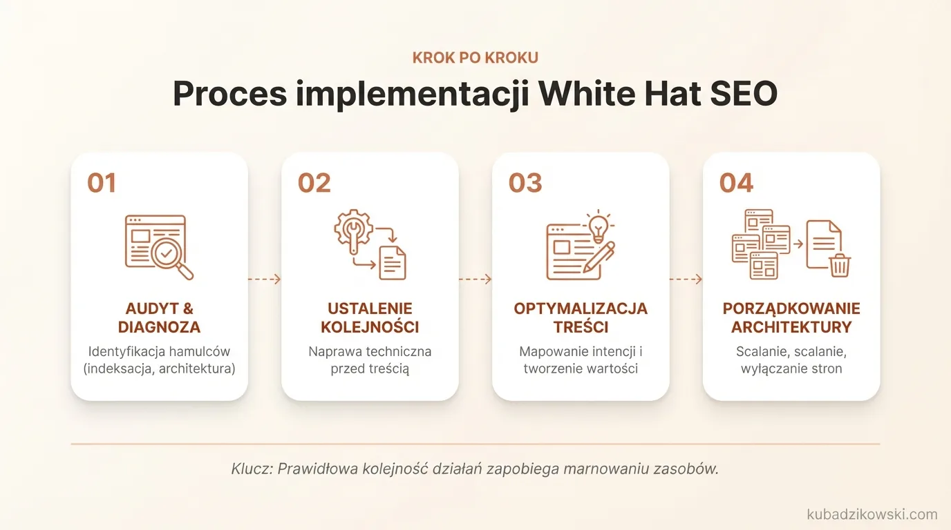 Infografika: Etapowy proces wdrażania White Hat SEO. Audyt, diagnostyka blokad (indeksacja, treść) i cykliczne iteracje danych.