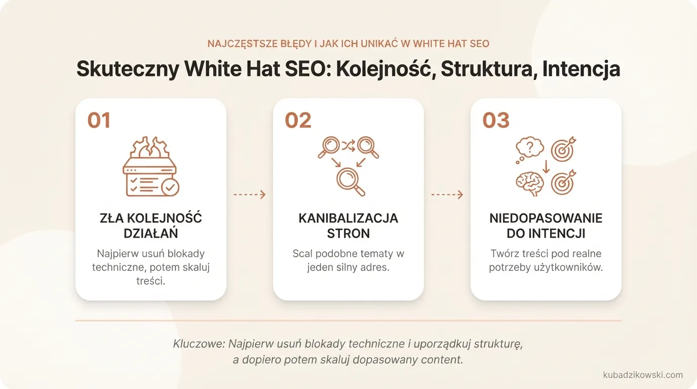Infografika: Błędy White Hat SEO: zła kolejność działań, nietrafiona indeksacja i treści bez dopasowania do intencji.