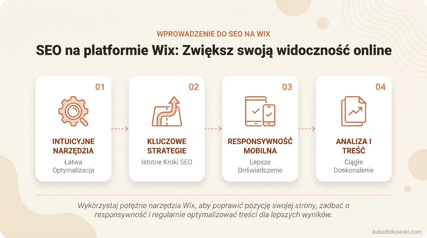 Infografika: Podstawy SEO na Wix – jak narzędzia platformy zwiększają widoczność strony w wyszukiwarkach.
