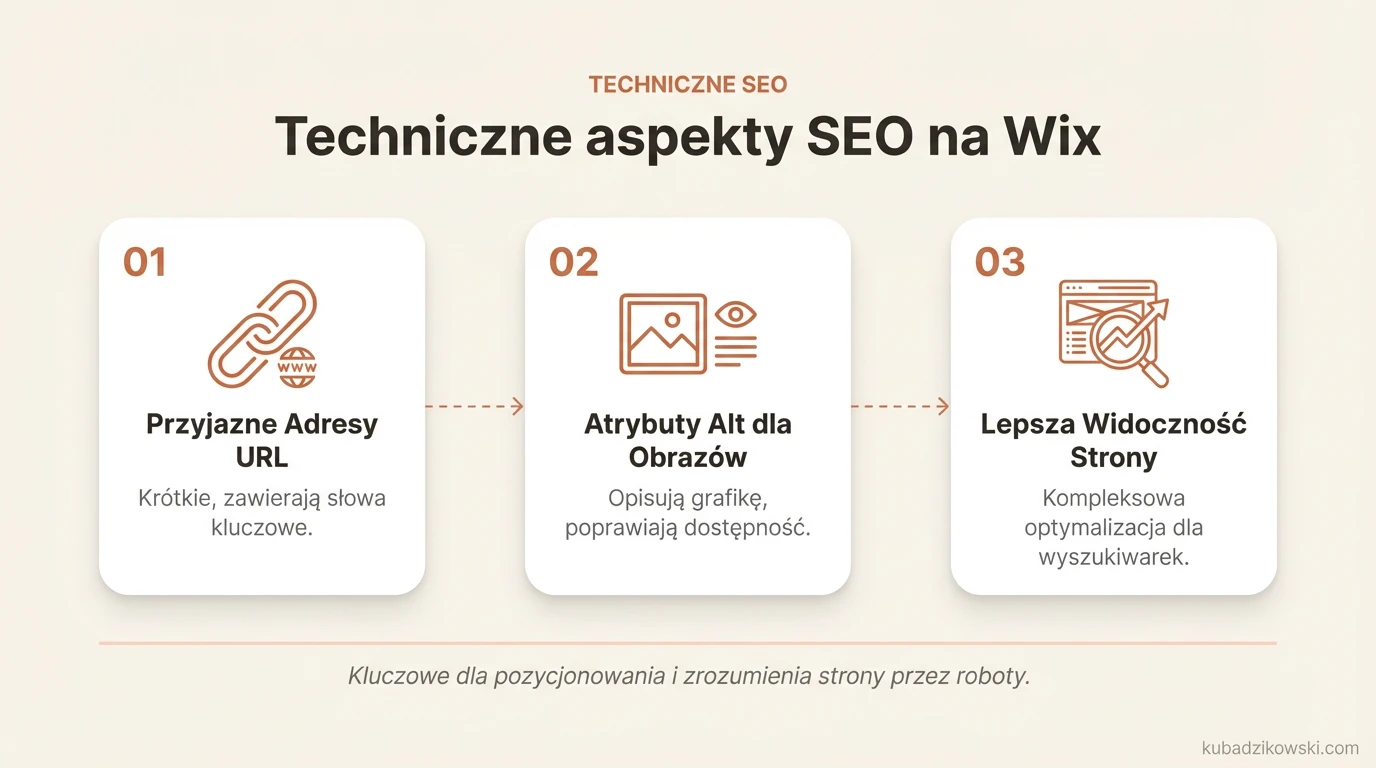 Infografika: Techniczne SEO Wix - adresy URL i inne kluczowe elementy optymalizacji dla wyszukiwarek.