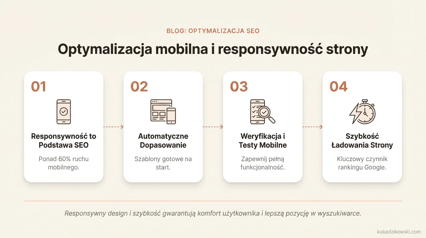 Infografika: Responsywna strona kluczem do sukcesu SEO. Ilustruje znaczenie optymalizacji mobilnej dla ruchu online.