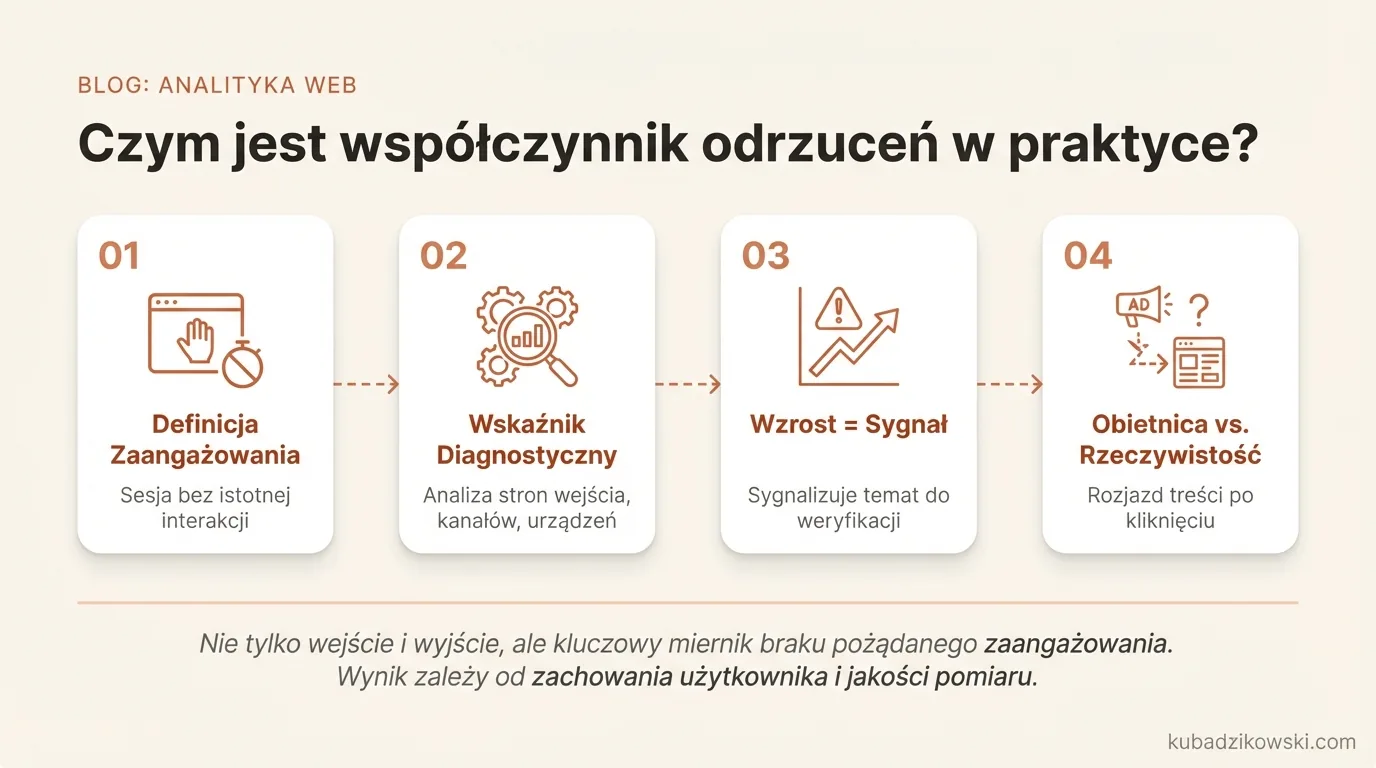 Infografika wyjaśnia współczynnik odrzuceń w praktyce: sesje bez znaczącej interakcji użytkownika, mierzone narzędziami analitycznymi.