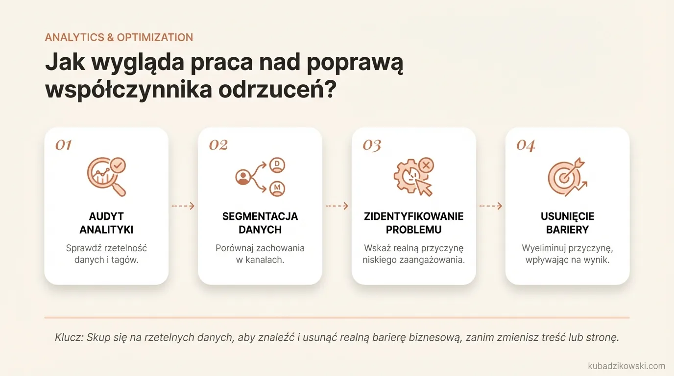 Infografika prezentująca etapy pracy nad poprawą współczynnika odrzuceń: od rzetelnej analizy danych po eliminację przyczyn.