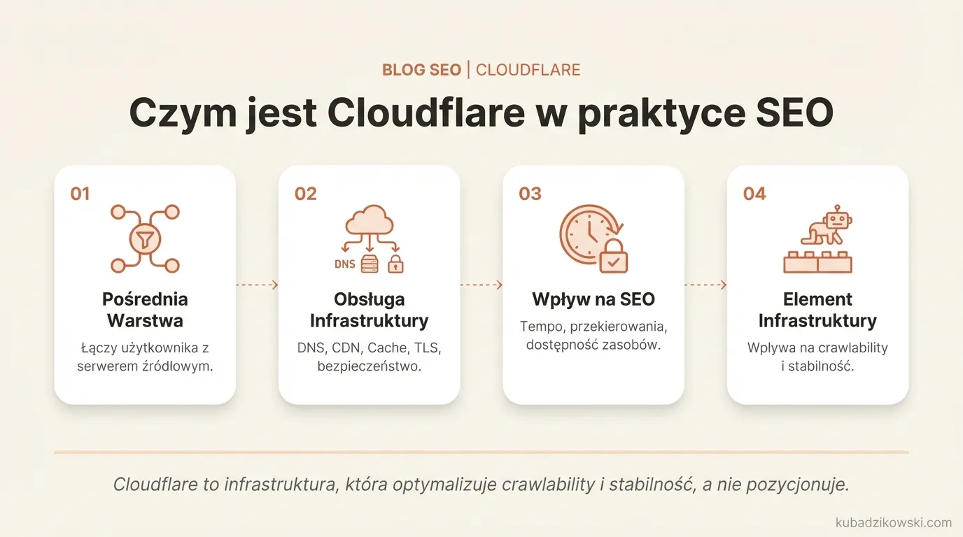 Infografika: Cloudflare – pośrednik między użytkownikiem/botem a serwerem. Zarządza DNS, CDN, cache, TLS i bezpieczeństwem dla SEO.