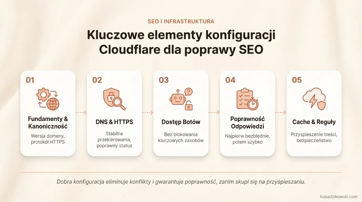 Kluczowe elementy konfiguracji Cloudflare dla SEO: DNS, HTTPS, przekierowania, cache, bezpieczeństwo, dostęp botów.