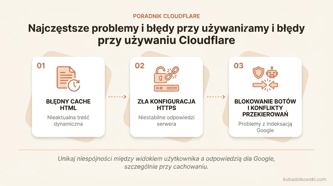 Infografika: najczęstsze błędy Cloudflare – cache HTML, blokowanie botów, konflikty przekierowań, zły HTTPS.