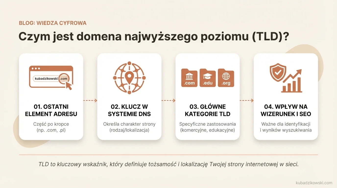 Infografika wyjaśnia czym jest domena najwyższego poziomu (TLD), prezentując przykłady jak .com, .pl, .org.