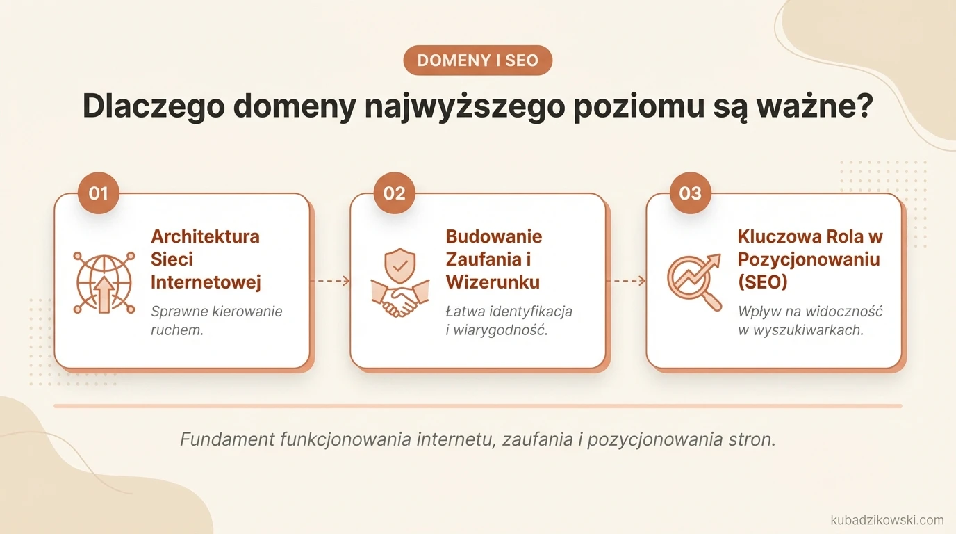Infografika: Znaczenie TLD (domen najwyższego poziomu) dla sieci, wizerunku stron, zaufania i SEO.