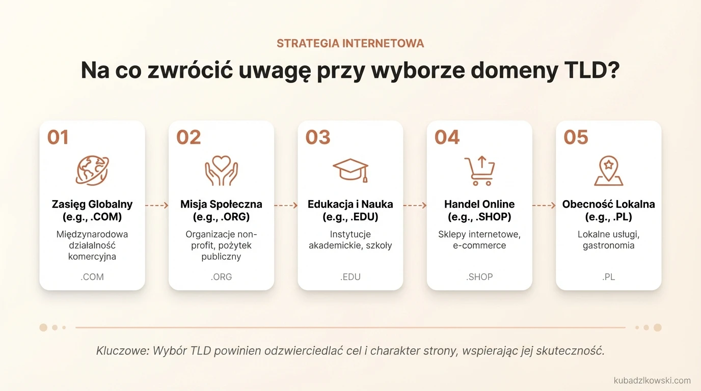 Infografika: Jak wybrać TLD? Wizualizacja kluczowych czynników wyboru rozszerzenia domeny, bez powtarzania nagłówka.