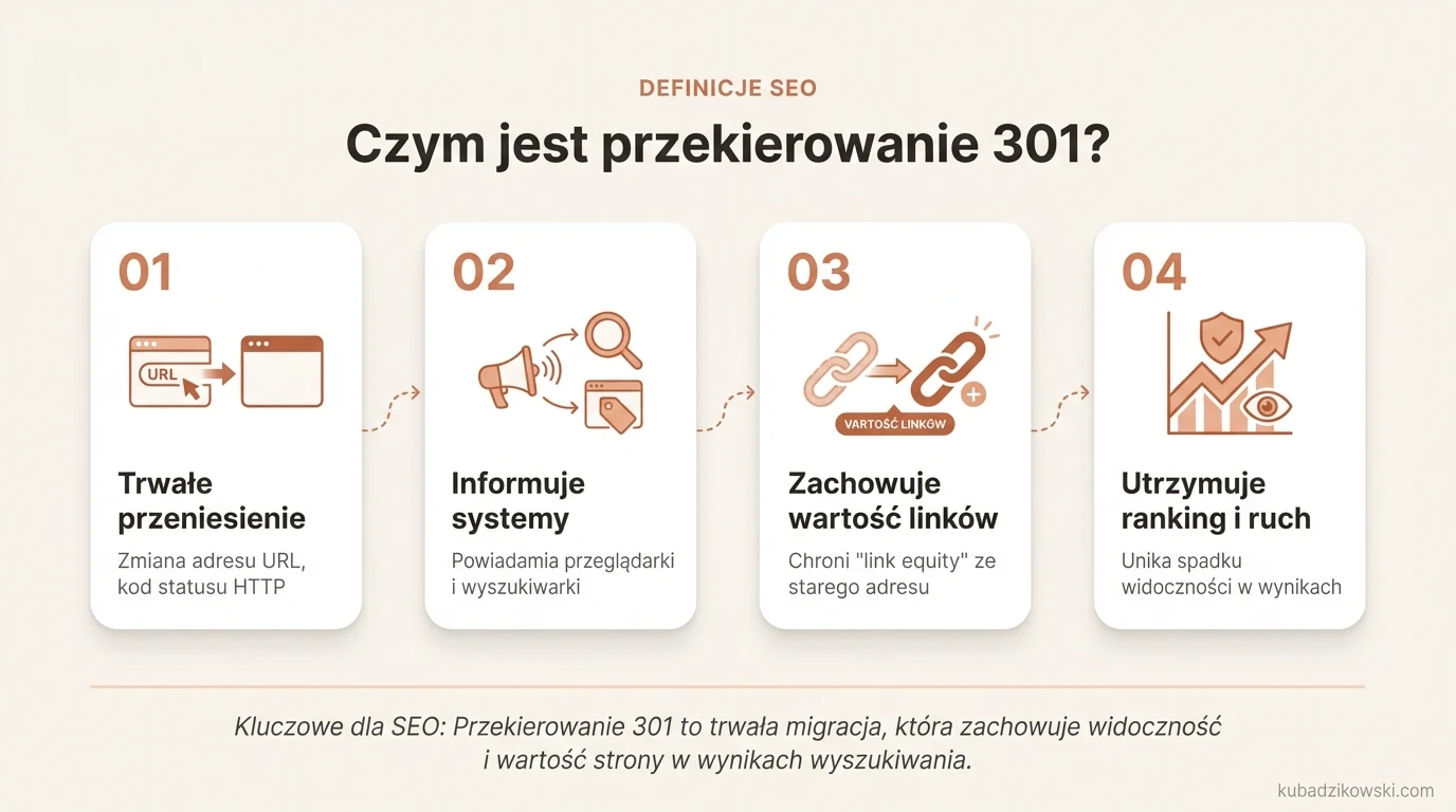 Infografika wyjaśnia, czym jest przekierowanie 301, jego znaczenie dla SEO i jak działa proces stałego przeniesienia strony.