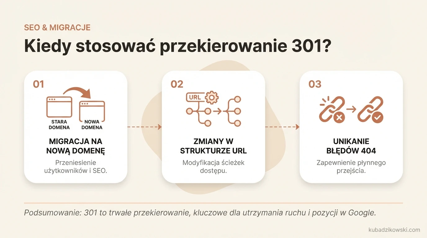 Infografika: Zastosowanie przekierowania 301 podczas migracji na nową domenę i inne przypadki.