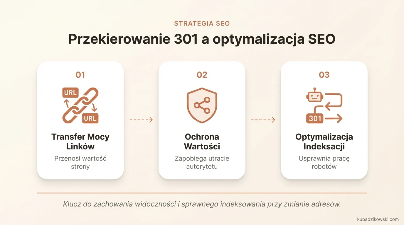 Infografika: Wpływ przekierowania 301 na SEO i przenoszenie wartości linków (link juice).