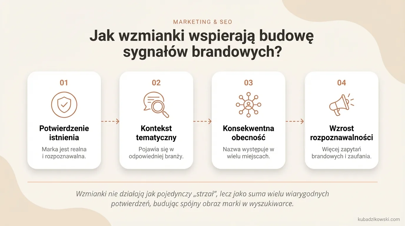 Infografika: Jak wzmianki marki wspierają sygnały brandowe dla SEO, potwierdzając istnienie, rozpoznawalność i kontekst.