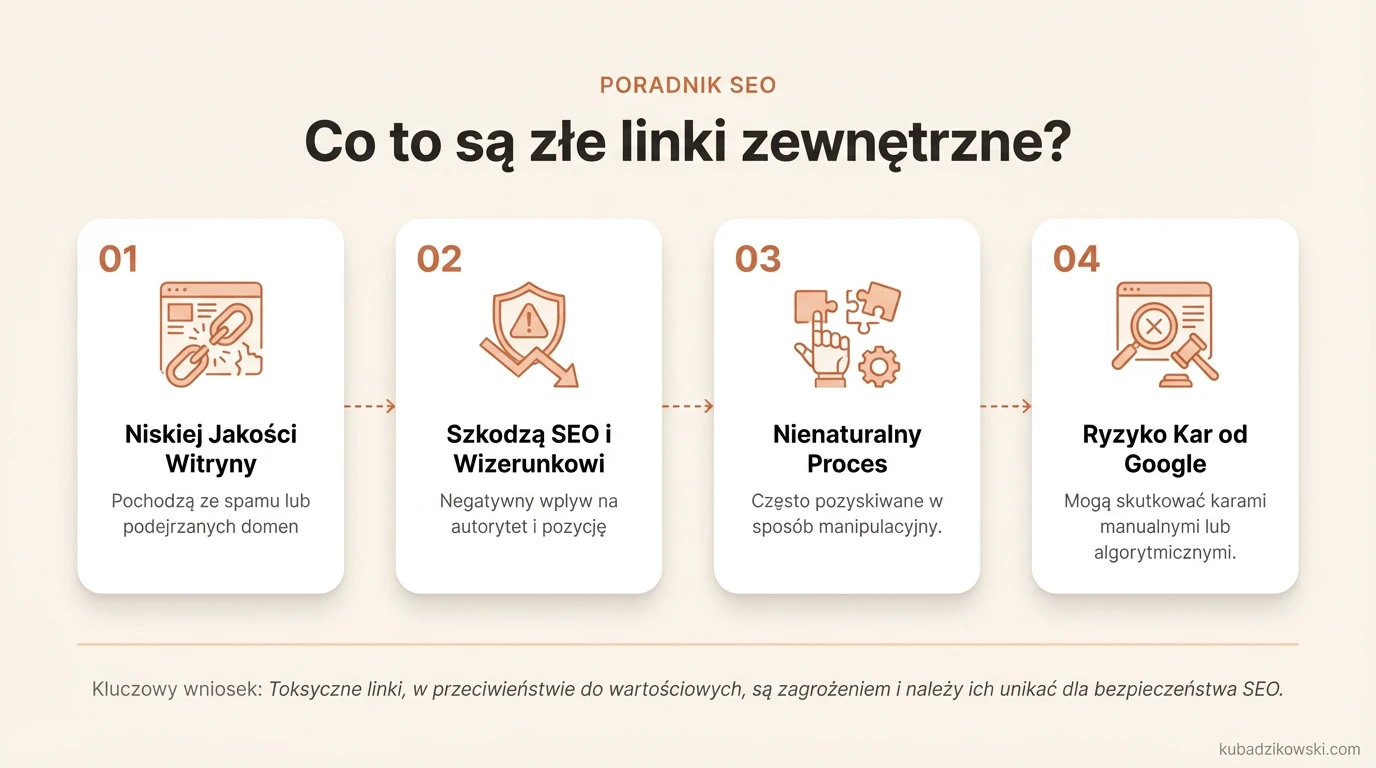 Infografika: Rodzaje i negatywne skutki toksycznych linków zewnętrznych dla strony i SEO.