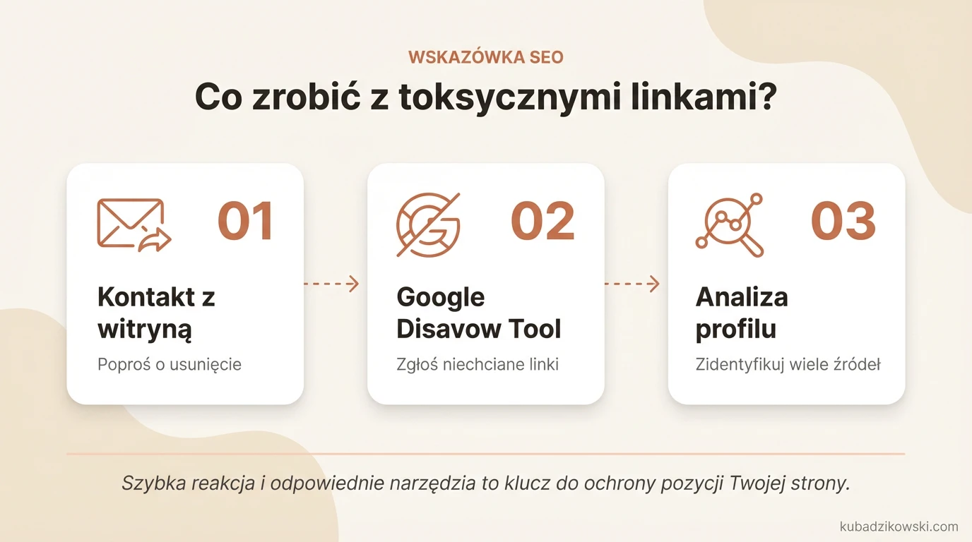 Infografika: jak zidentyfikować i usunąć toksyczne linki zewnętrzne, by chronić SEO witryny.