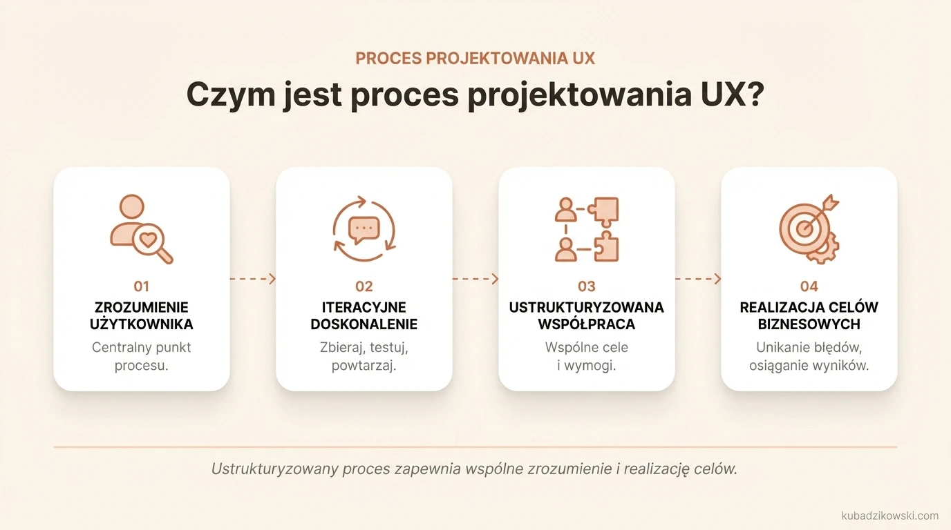 Infografika wyjaśnia czym jest proces projektowania UX, podkreślając jego użytkownikocentryczny charakter i cel.