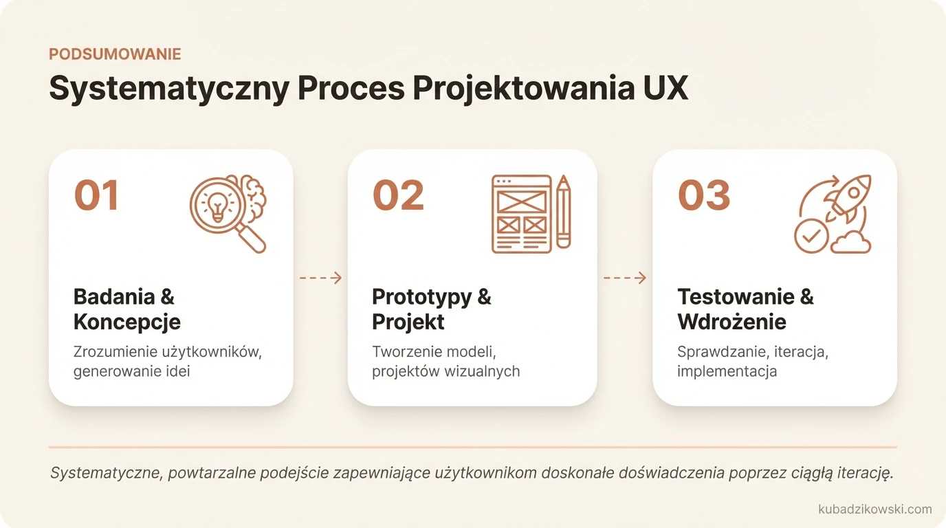 Infografika: Etapy procesu projektowania UX – od badań, ideacji, szkieletów, prototypów, po projekt wizualny i testy.